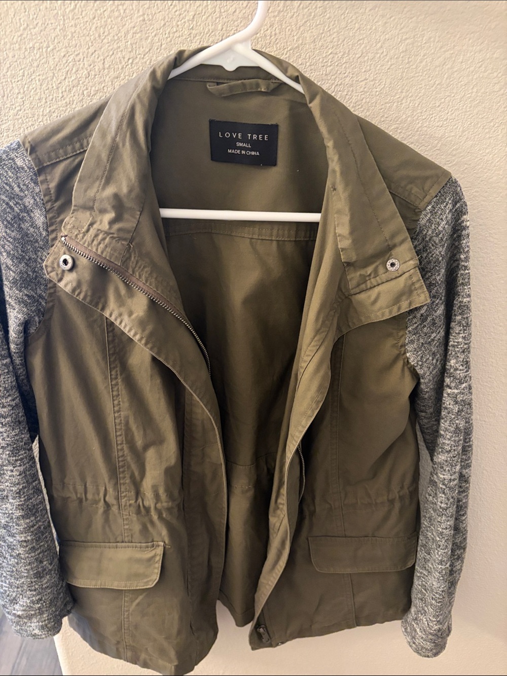 Love Tree Olive Jacket with Gray Knit Sleeves